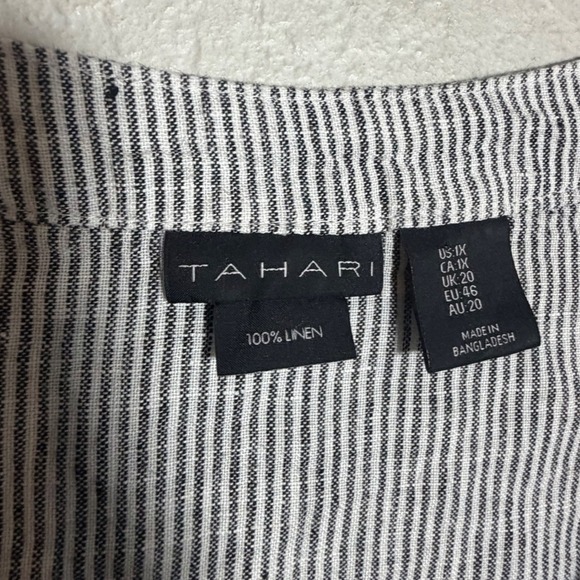 Tahari Womens 1X Blue White Striped 100% Linen Short Sleeve V-Neck Shift Dress - Picture 2 of 3